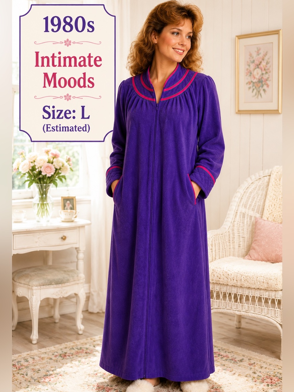 Intimate Moods Women's Long Purple Zip-Front Robe with Pink Trim